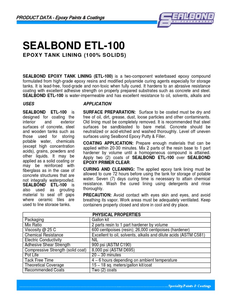 Sealbond ETL100 Tank Lining PDF PDF Epoxy Paint