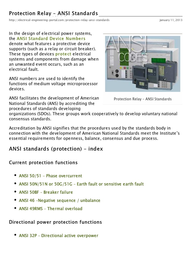 Protection Relay ANSI Standards EEP PDF Electric Motor Relay