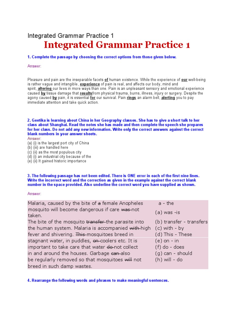 Integrated Grammar Practice 1 PDF Pain Nature