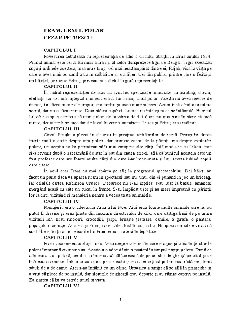 Rezumat Fram Ursul Polar 10 15 Randuri Rezumat "Fram, Ursul Polar" | PDF