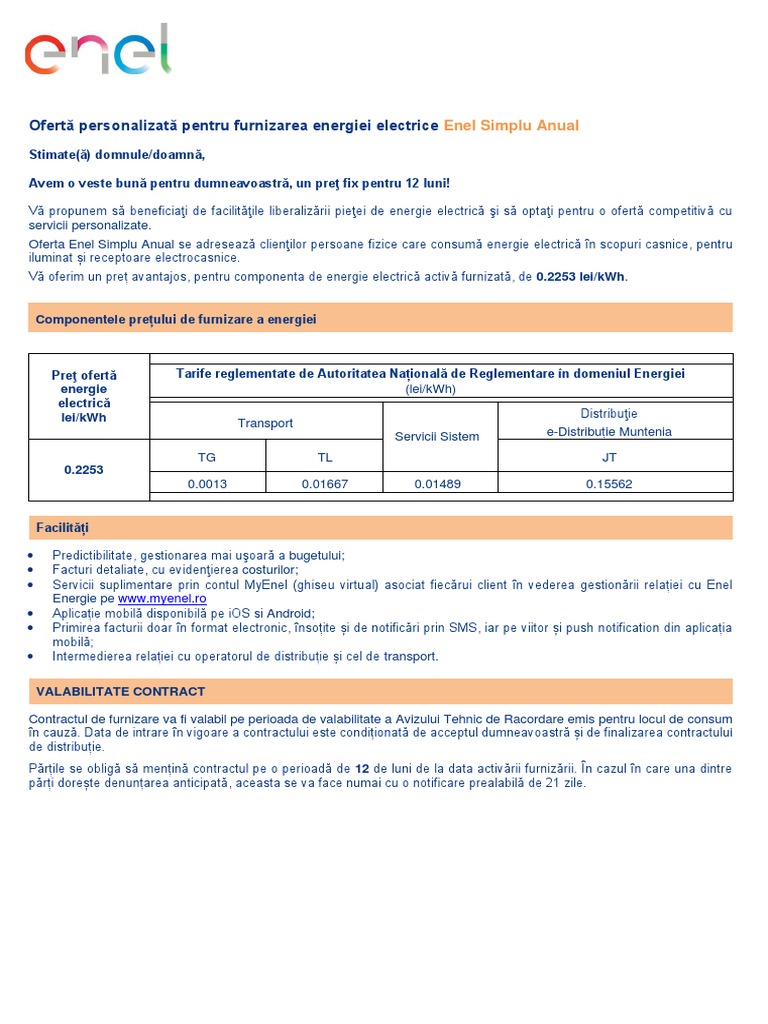 Oferta Enel Simplu Anual Muntenia | PDF