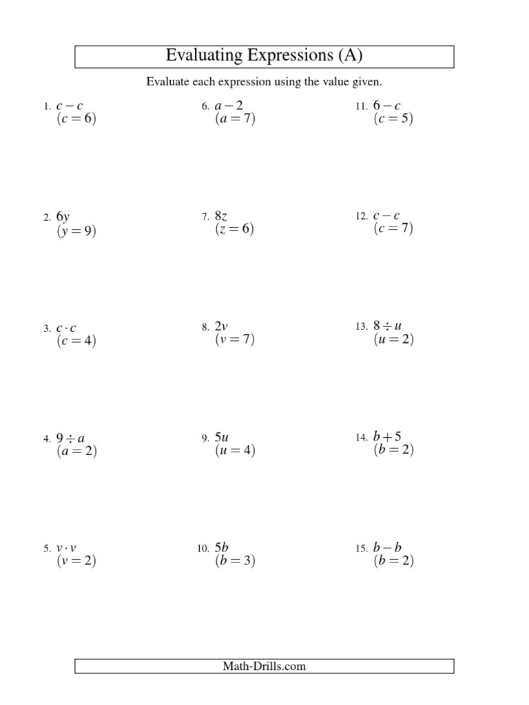 Evaluating Expressions (A) : C C (C 6) A 2 (A 7) 6 C (C 5) | PDF ...