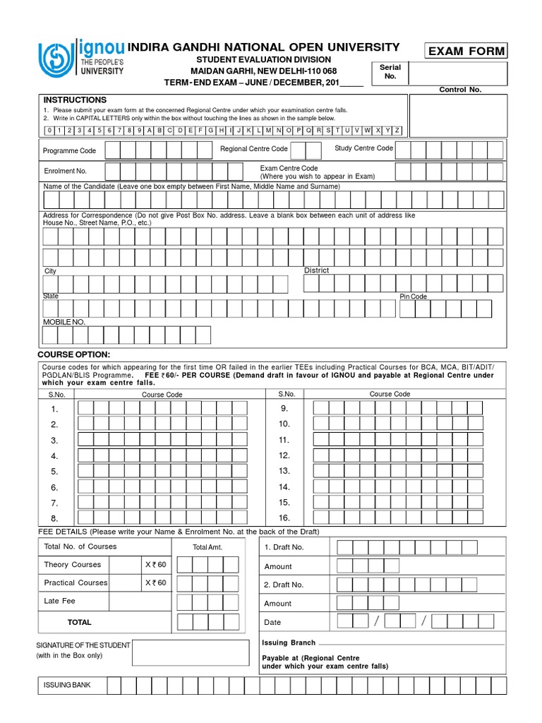 Indira Gandhi National Open University Exam Form: JUNE / DECEMBER, 201 ...