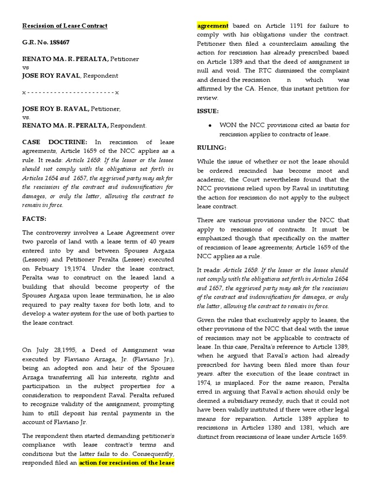 Peralta Vs Raval - Case Digest - Oblicon | PDF | Lease | Assignment (Law)