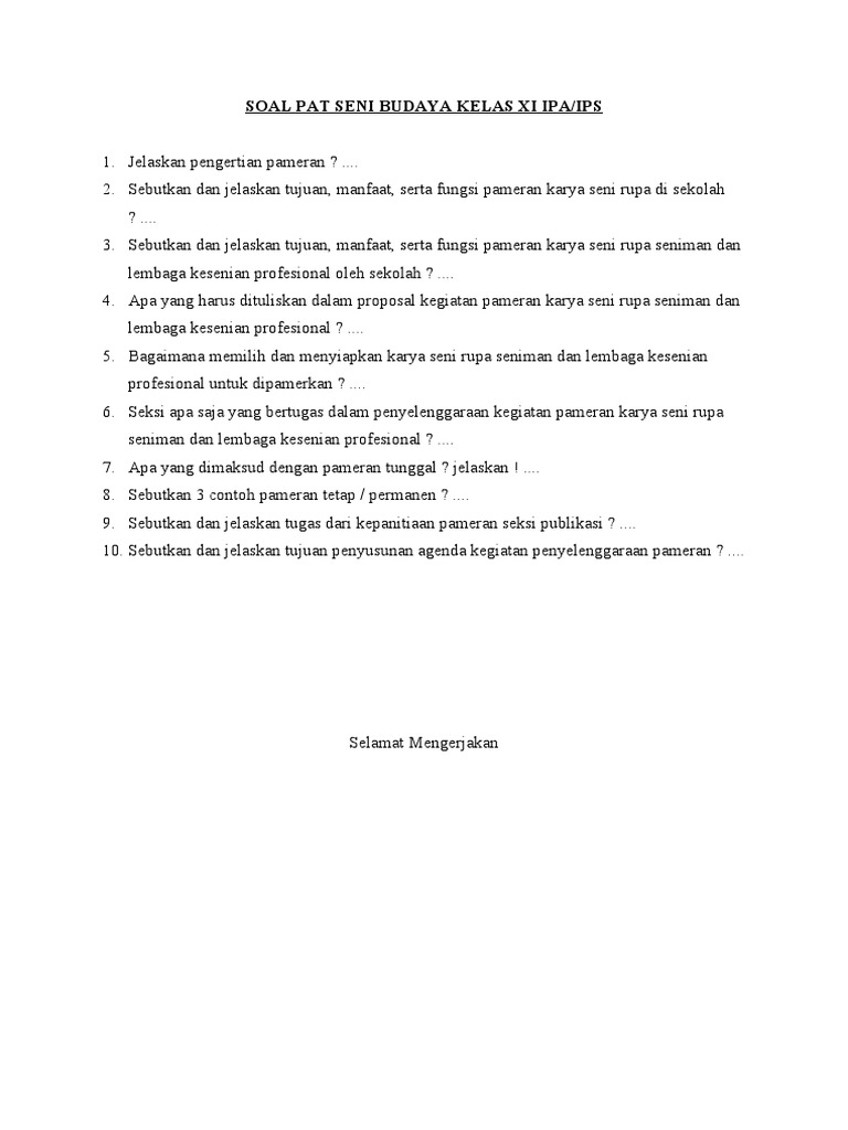 Soal Pat Seni Budaya Kelas Xi Ipa Docx