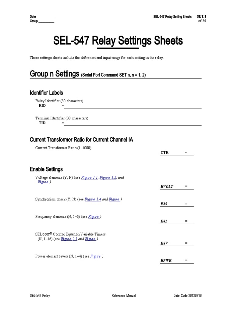 SEL-547 Relay Settings Sheets | PDF | Manufactured Goods | Computer Data