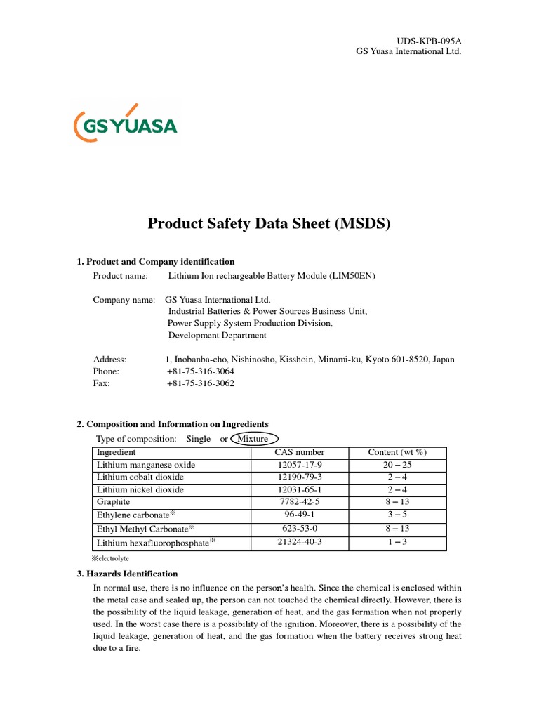 GS Yuasa lithium ion battery safety data sheet PDF Dangerous Goods