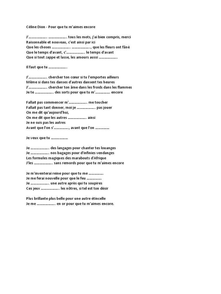 Paroles De Pour Que Tu Maimes Encore Pdf 