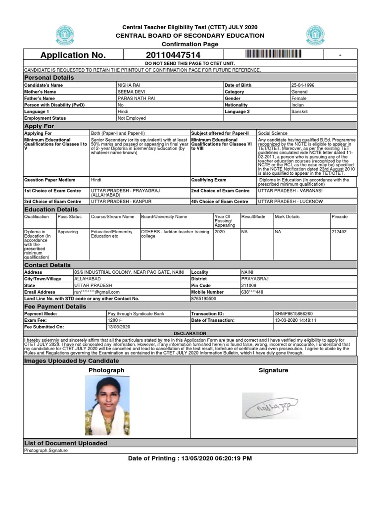 Application No. 20110447514: Central Teacher Eligibility Test (CTET ...