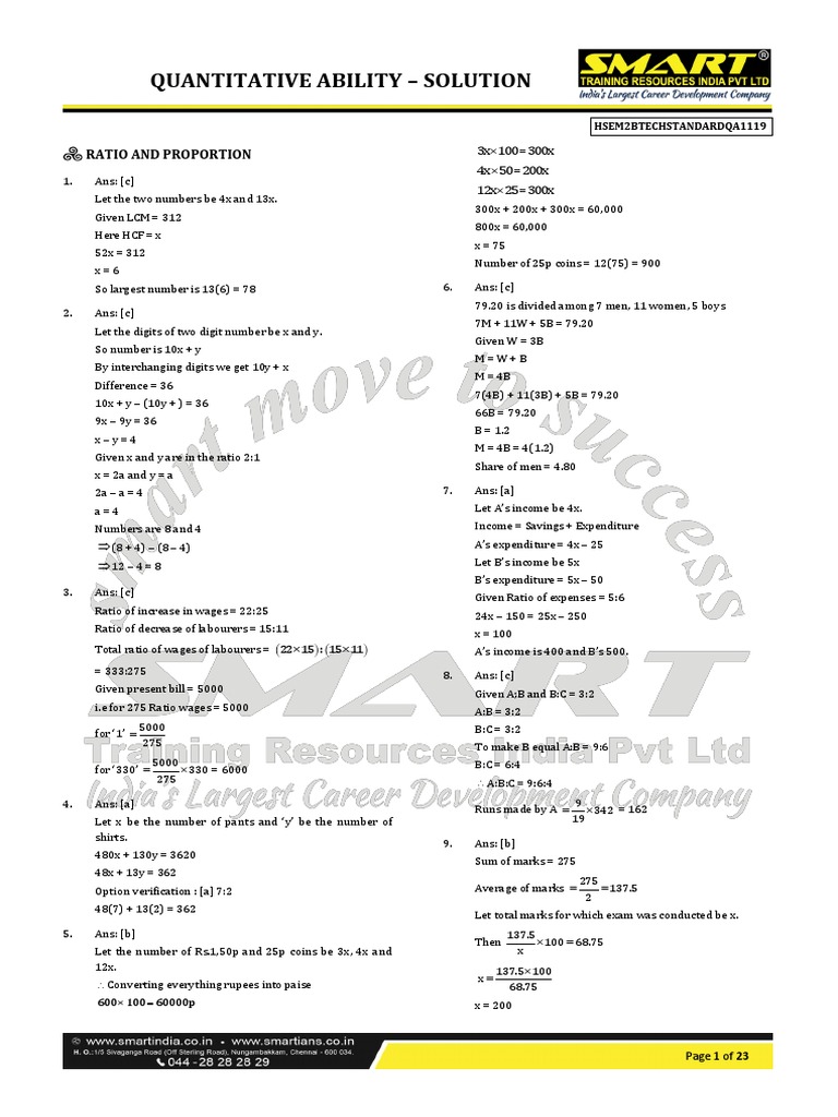 Quantitative Ability - Solution: Ratio and Proportion | PDF | Ratio ...