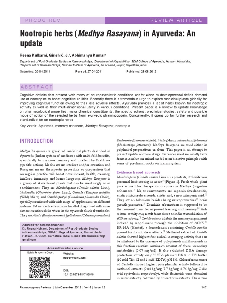 Nootropic Herbs (Medhya Rasayana) in Ayurveda: An Update: Phcog Rev ...
