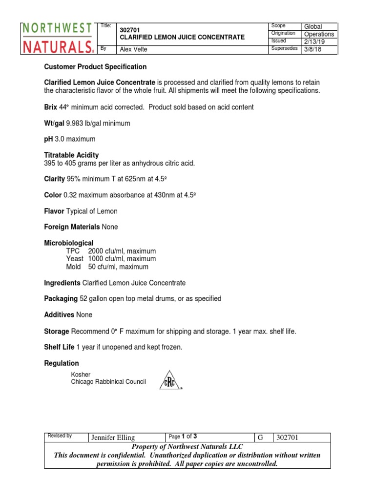 Clarified Lemon Juice Concentrate 302701 PDF PDF Juice Diet