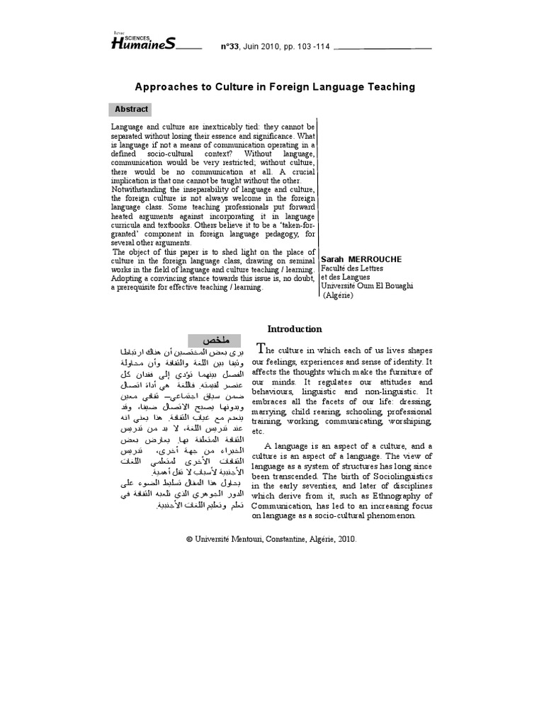Approaches To Culture in Foreign Languag PDF | PDF | Second Language ...