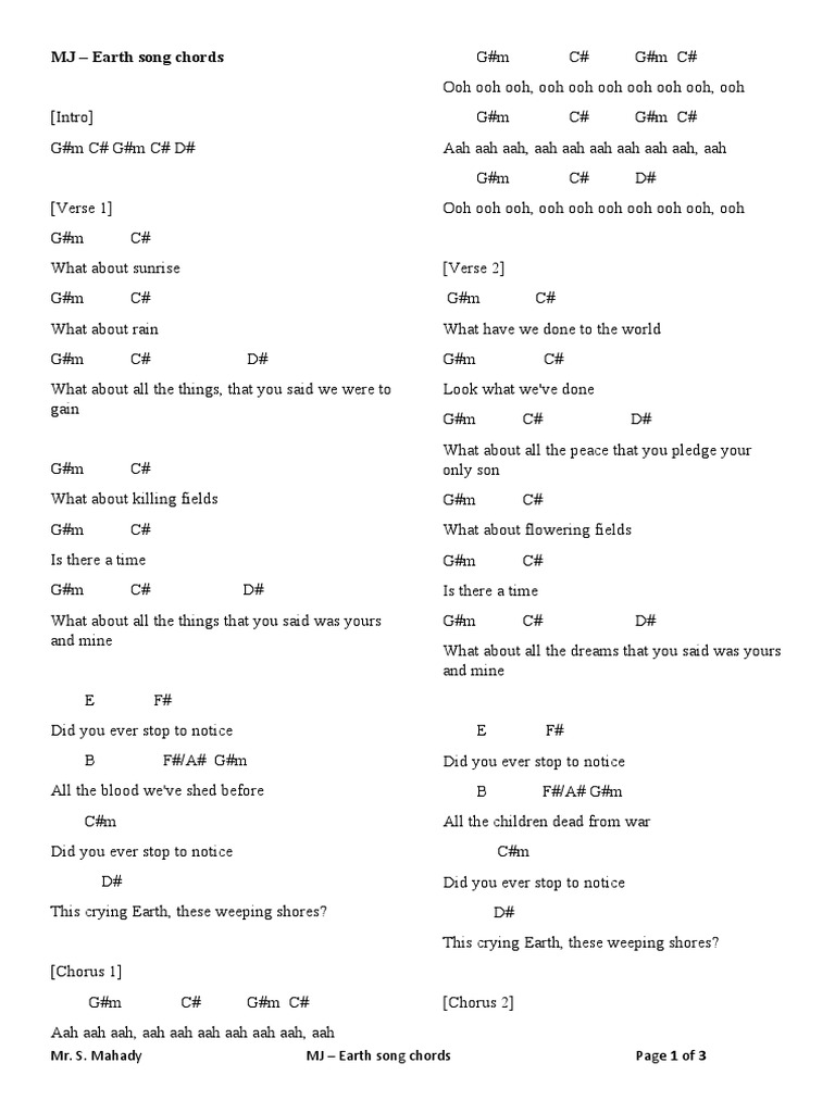 Mr. S. Mahady MJ - Earth Song Chords of | PDF | Song Structure