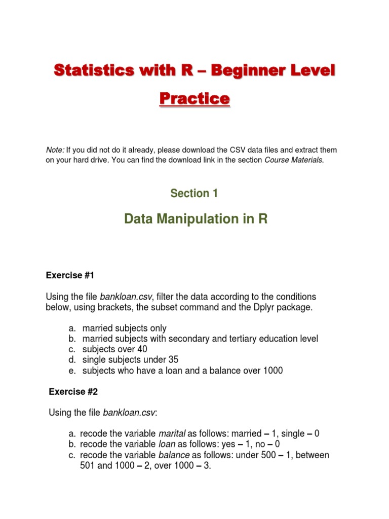 Beginner R Statistics Exercises | PDF