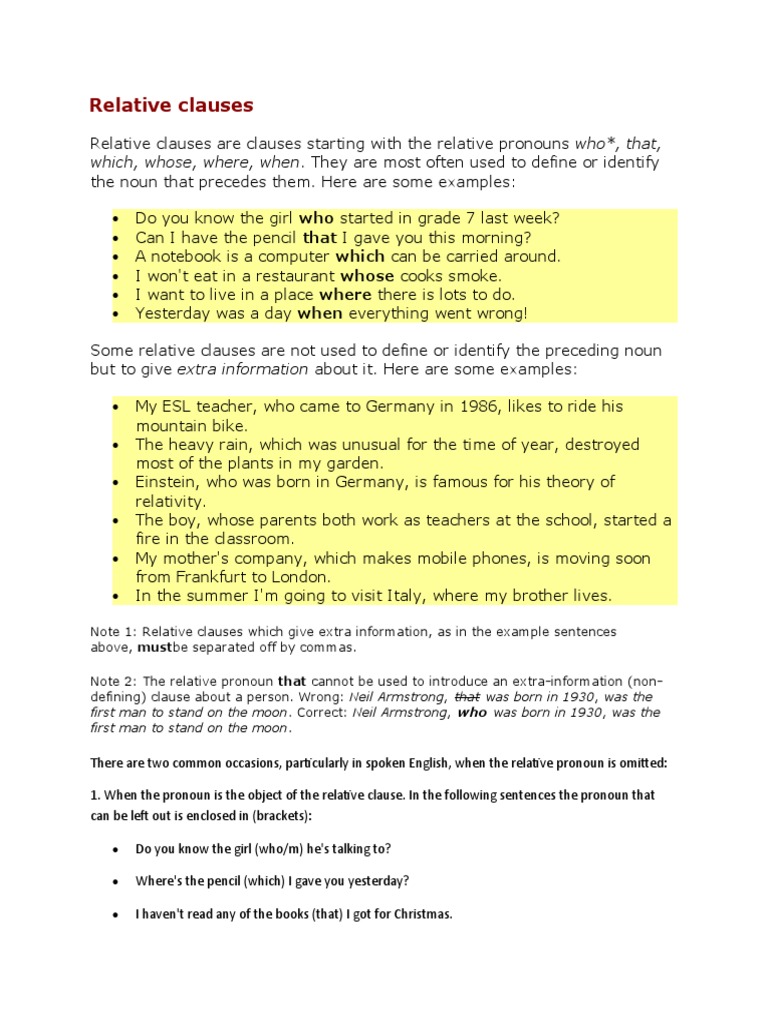 Relative Clauses Which, Whose, Where, When. They Are Most Often Used