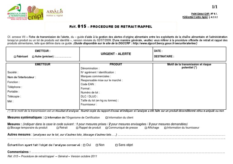 Réf. - Procedure De Retrait/Rappel: Emetteur ...
