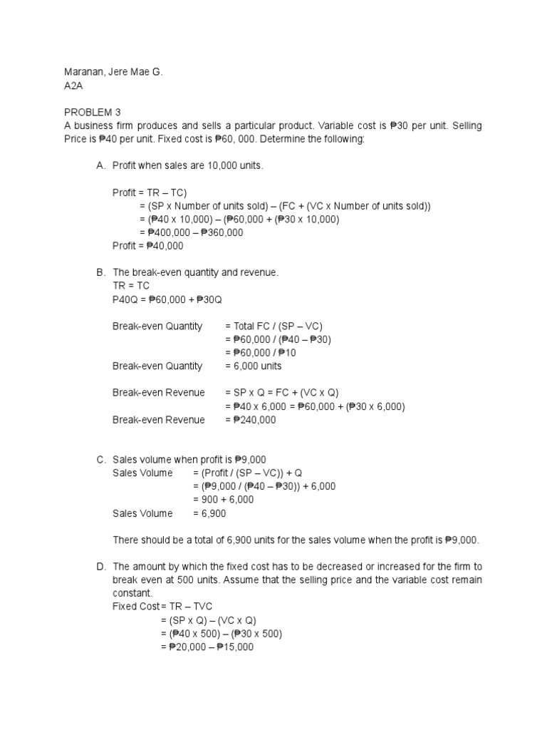 Maranan, A2A Break Even Point Analysis PDF Statement