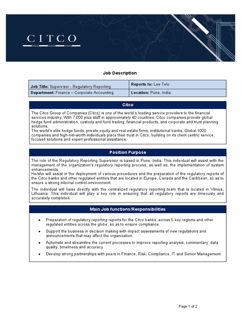 Job Title Supervisor Regulatory Reporting Reports To Lee Telo