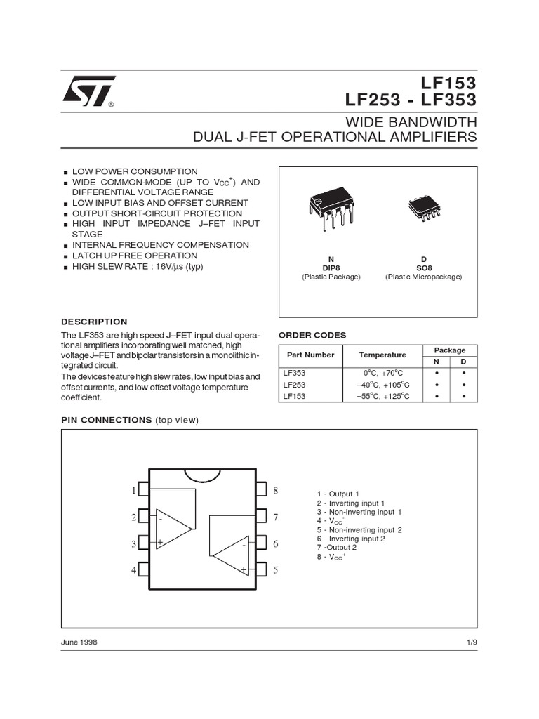 LF353 Dual J-FET Op-Amp Datasheet | PDF | Operational Amplifier | Amplifier