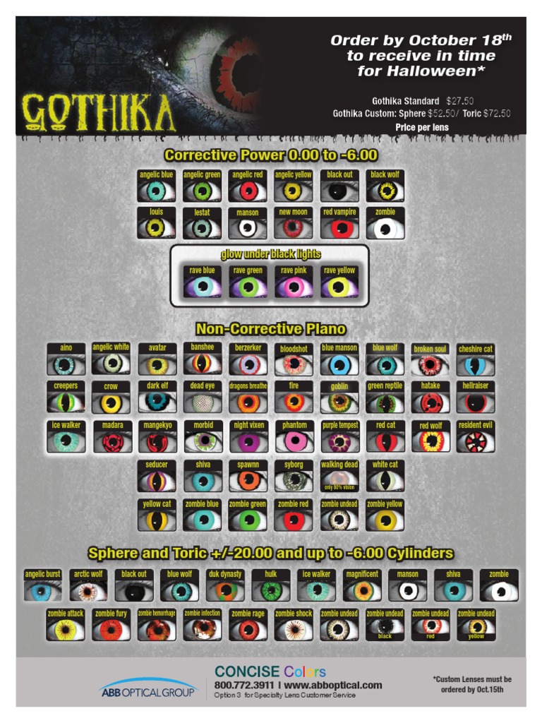 Gothika Standard and Custom Contact Lens Order Form and FAQ Document