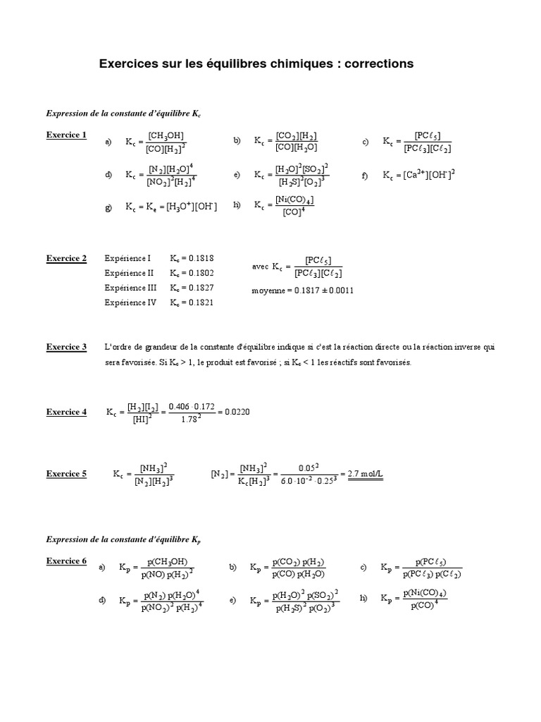 Exercices corrigés sur l'équilibre chimique | PDF | Équilibre chimique ...