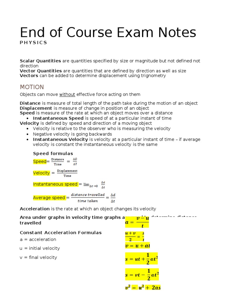 Physics Exam Study Guide Notes | PDF | Velocity | Momentum