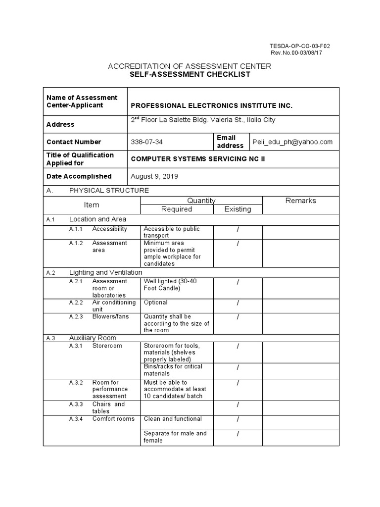 F02 Self Assessment Checklist NEW FORM CSS | Download Free PDF | Business