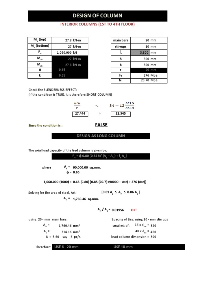 Design of Column: Interior Columns (1St To 4Th Floor) | PDF