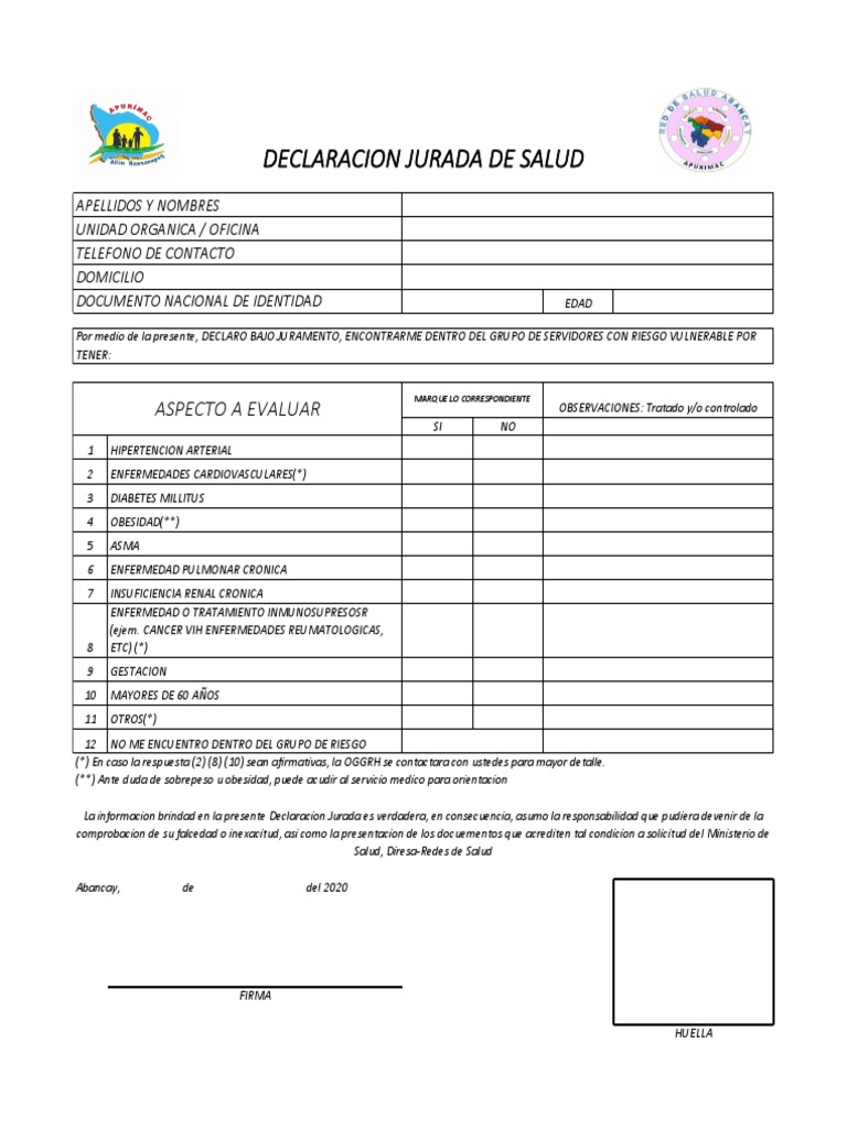 Declaracion Jurada de Salud | PDF