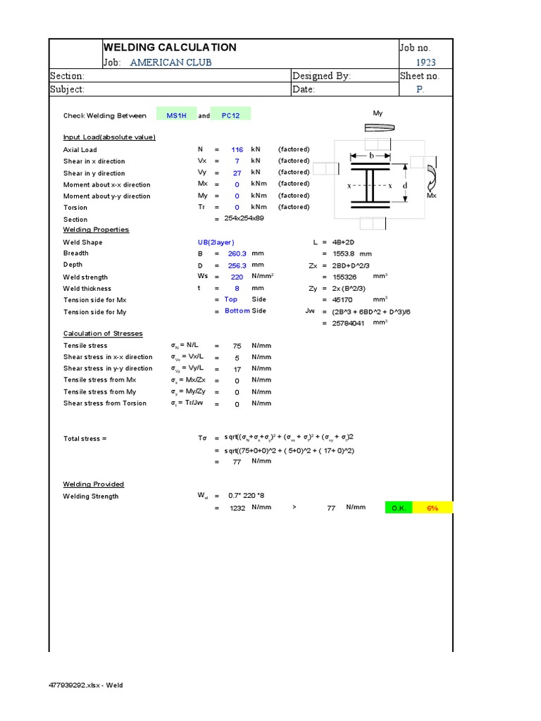 Welding Calculation: Job No. Job: Section: Designed By: Sheet No ...
