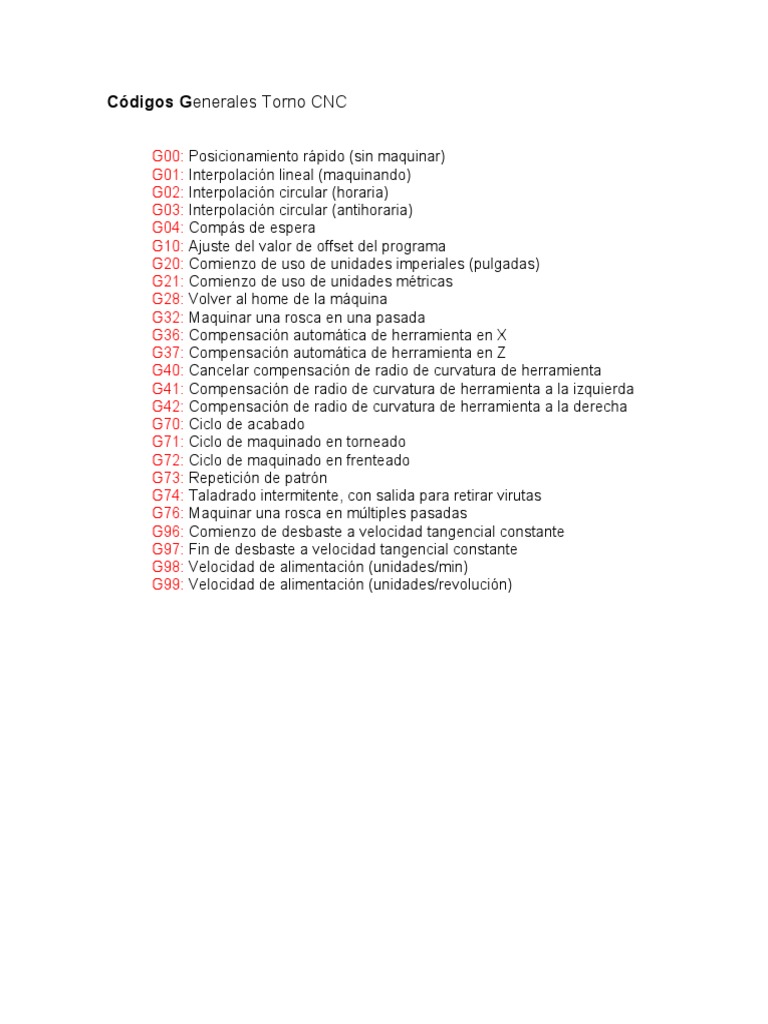 Códigos Generales Torno CNC | PDF | Control numerico | Perforar