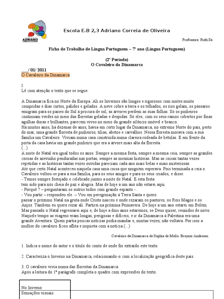 O Cavaleiro Da Dinamarca Ficha De Trabalho Com Soluções