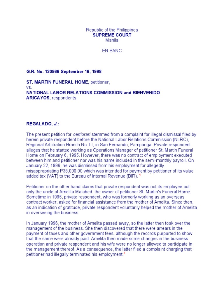 ST. MARTIN FUNERAL HOME Vs NLRC GR 130866 Download Free PDF