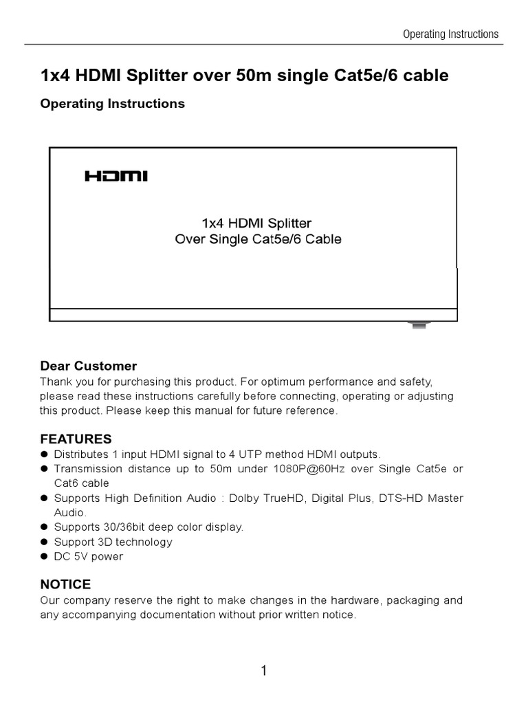 HDMI Splitter Setup Guide for Cat5e/6 | PDF | Hdmi | Power Supply