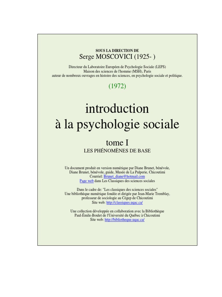 serge moscovici introduction a la psychologie sociale tome i pdf psychologie sociale psychologie
