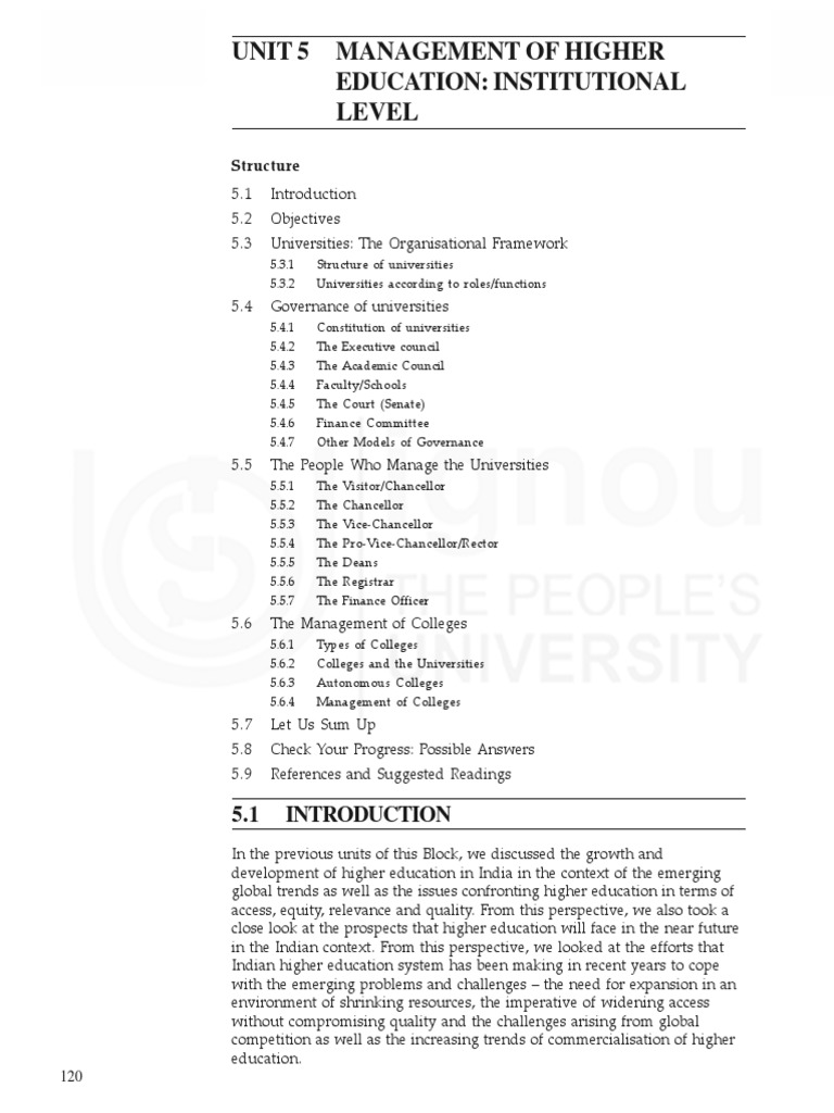 Unit 5 Management of Higher Education: Institutional Level: Structure ...