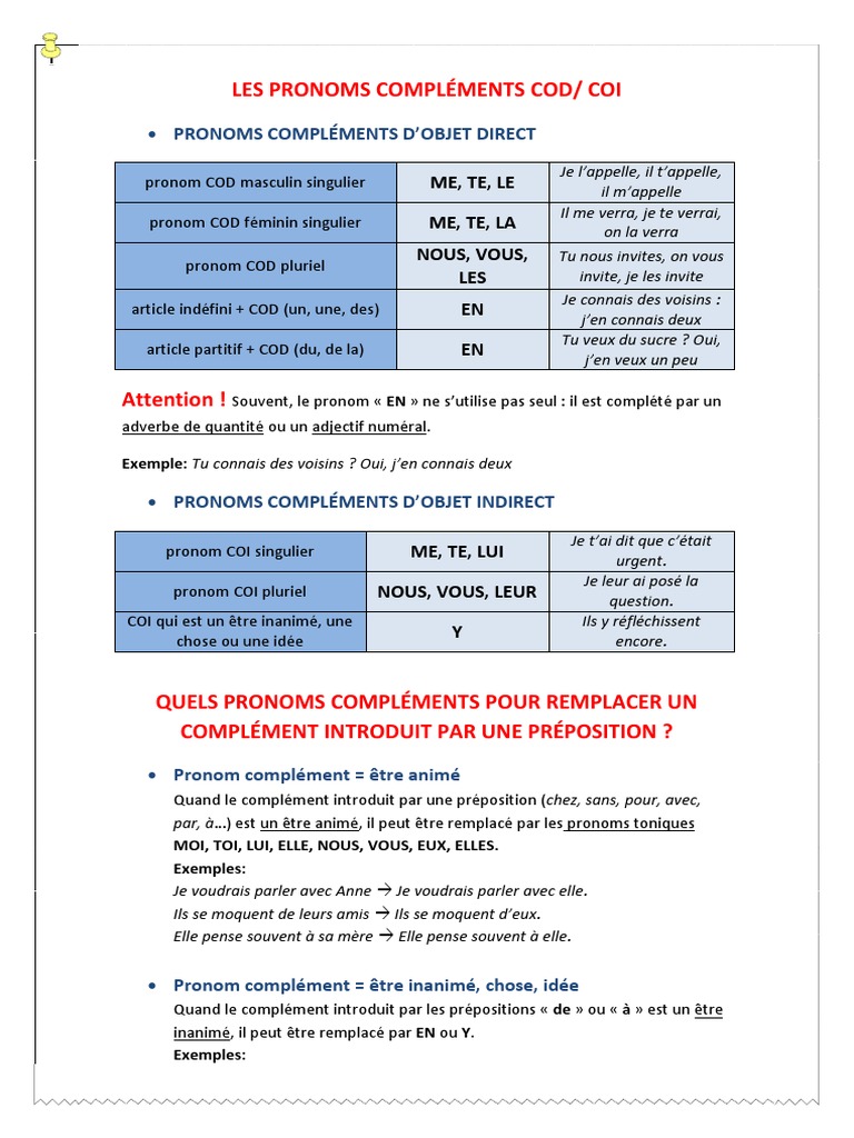 Remplacer Le Cod Par Un Pronom Personnel Exercices Pdf Fiche Les Pronoms Cod Coi | PDF | Complément d'objet | Pronom