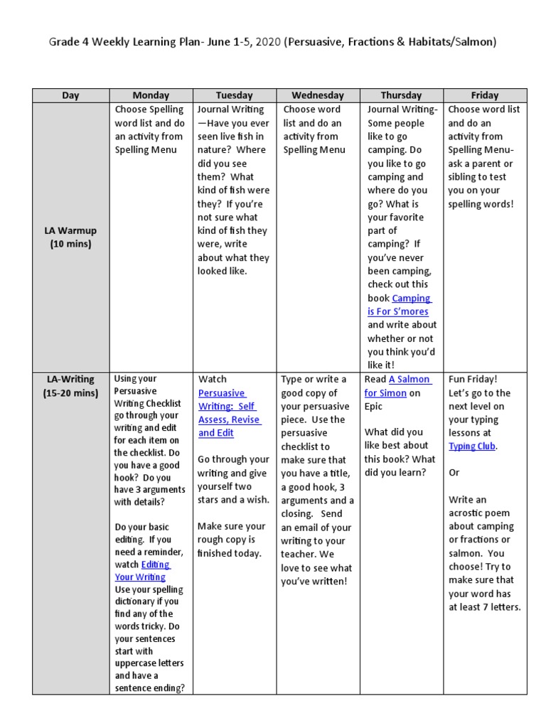 Grade 4 Weekly Learning Plan: June 1-5 | PDF