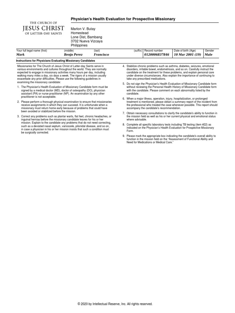 Physician's Health Evaluation For Prospective Missionary | PDF ...