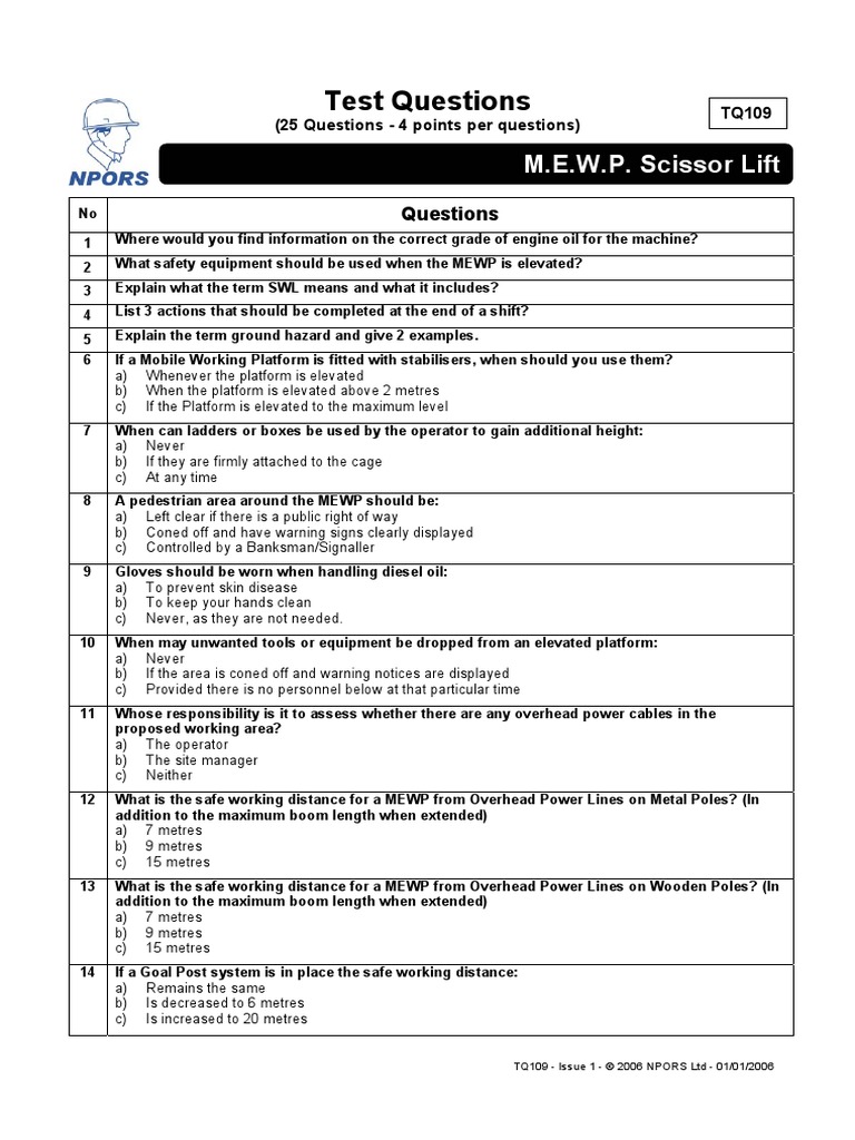 Mewp Scissor Lift Questions Pdf Transport Manufactured Goods