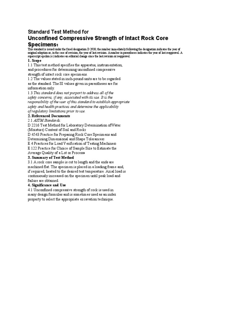 Unconfined Compressive Strength of Intact Rock Core Specimens | PDF