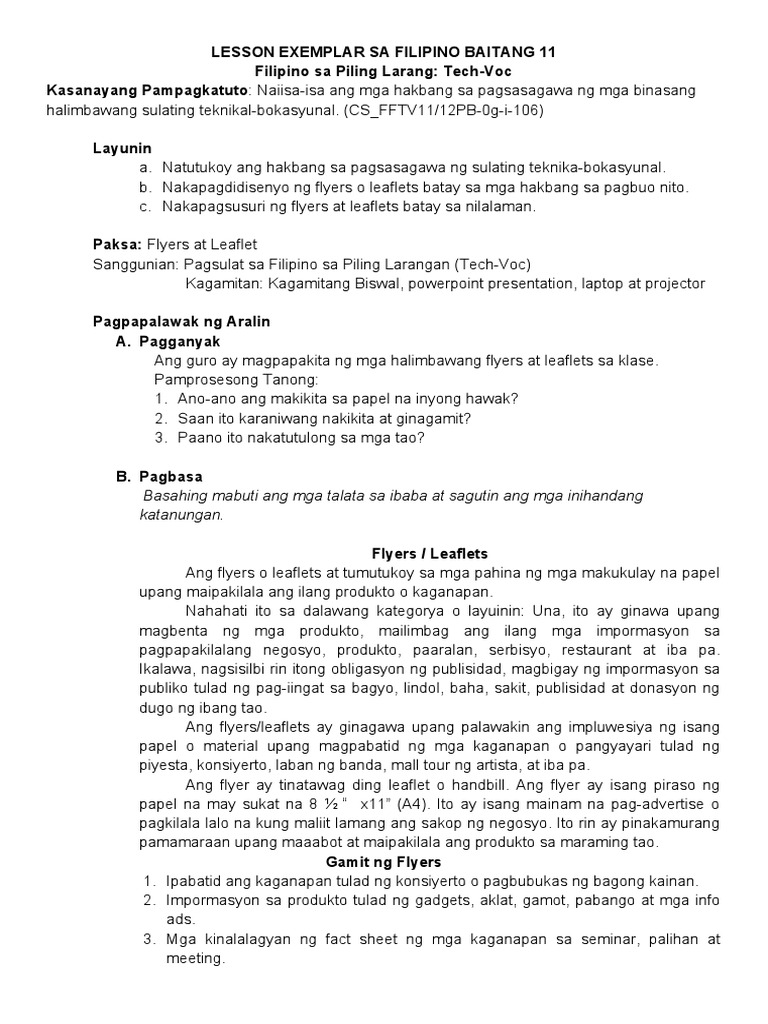 Piling Larang Flyers o Leaflets Lesson Exemplar | PDF
