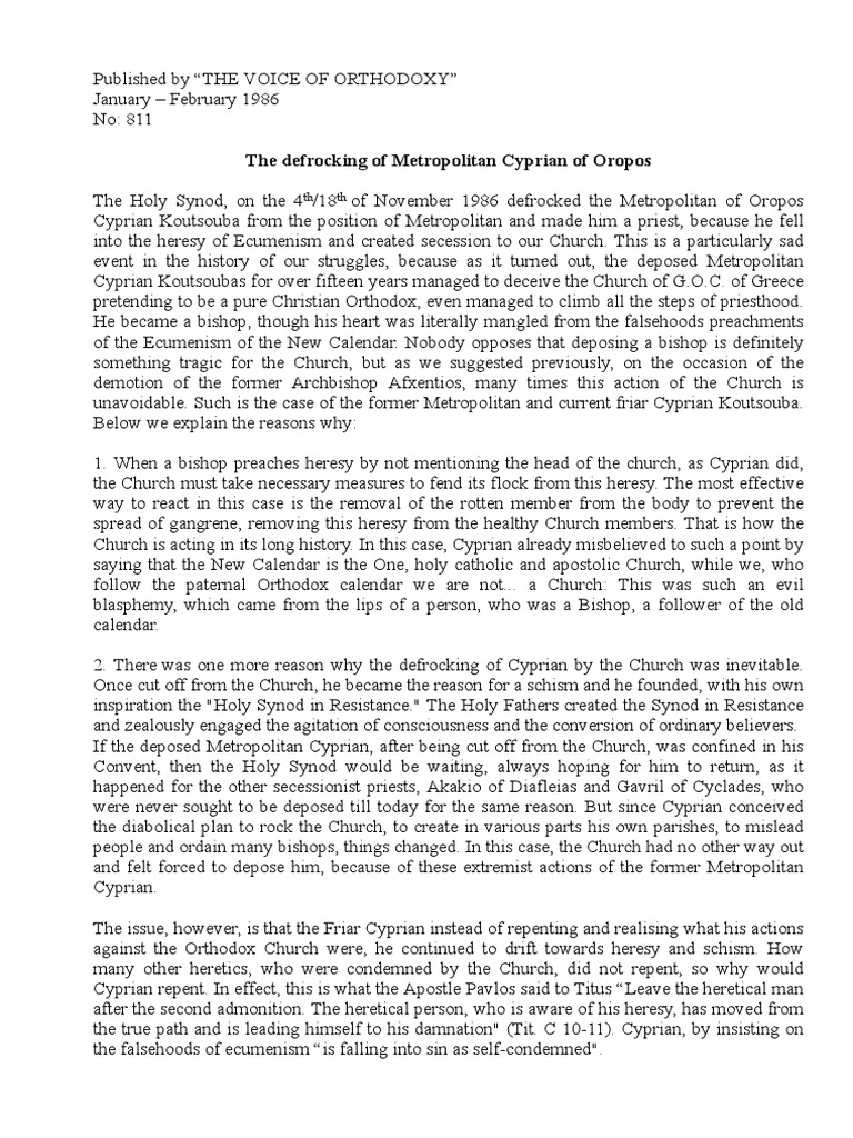 Defrocking of Metropolitan Cyprian | PDF | Eastern Orthodox Church ...