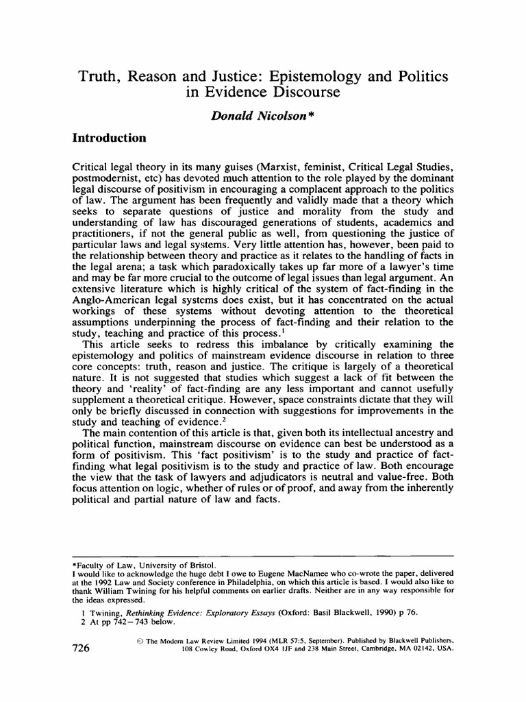 Epistemology and Politics in Evidence Law | PDF | Rationalism | Truth