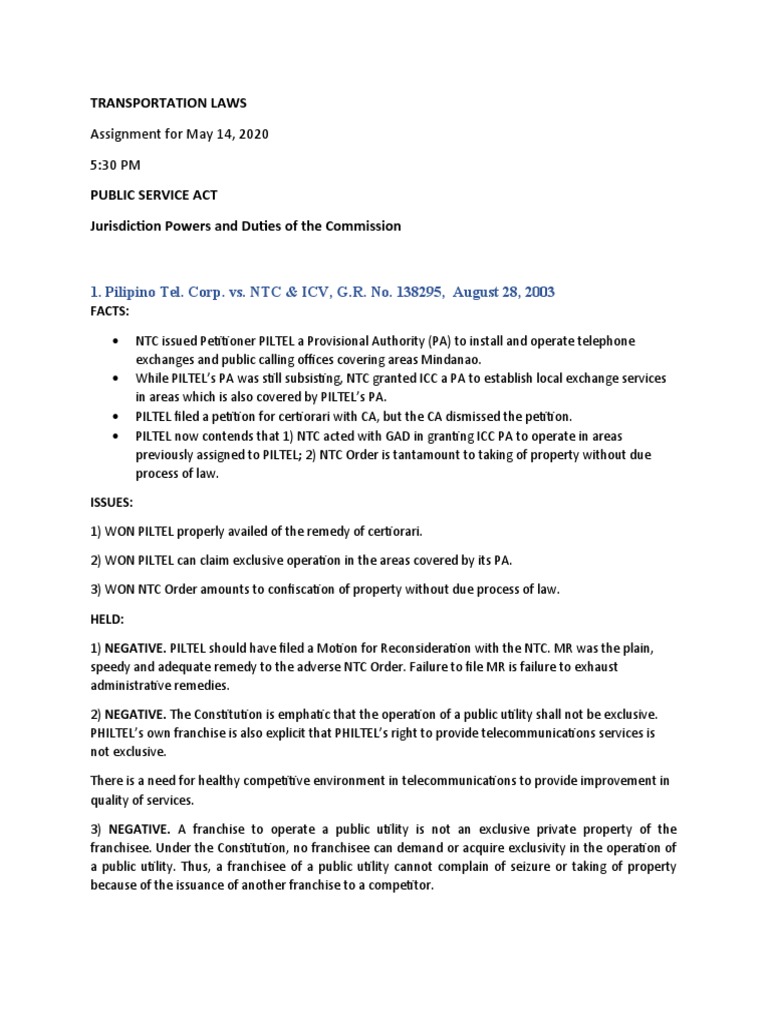Transportation Laws (Digest) PDF Standing (Law) Deregulation