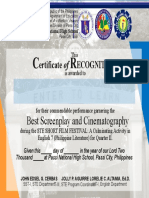 Best Screenplay and Cinematography: Ertificate of Ecognition