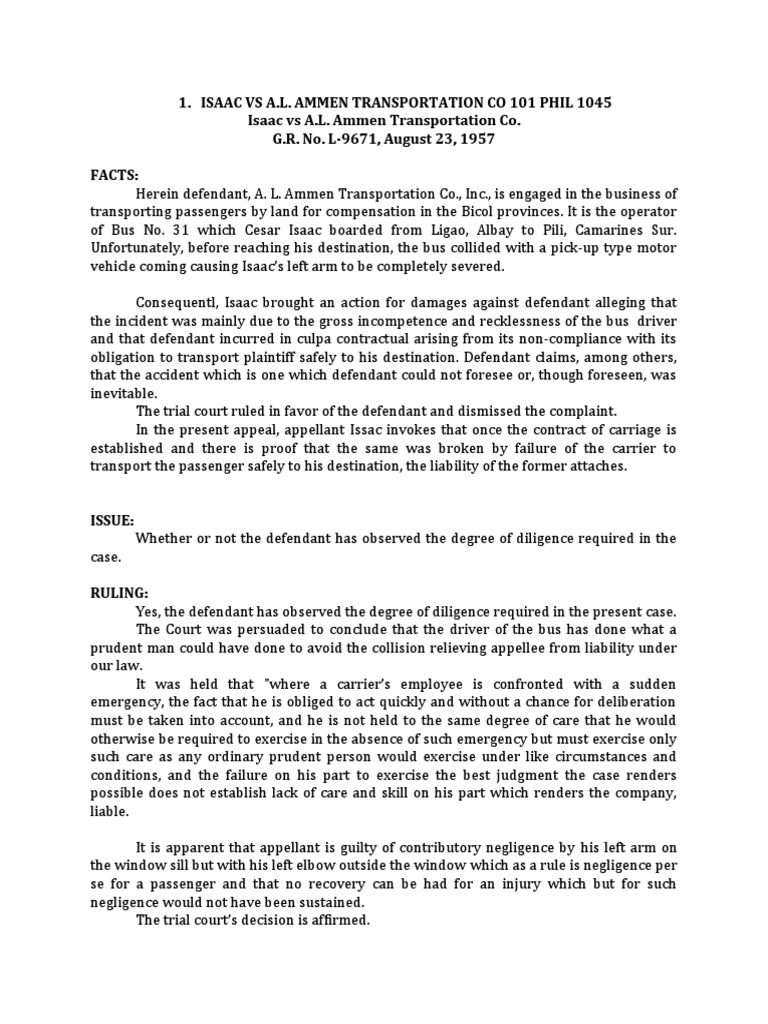Isaac Vs A L Ammen Transportation Co Negligence Civil Law Legal System
