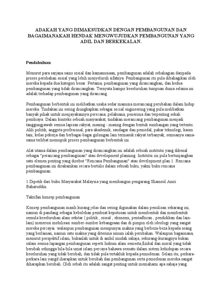 Adakah Yang Dimaksudkan Dengan Pembangunan Dan Bagaimanakah Hendak Mengwujudkan Pembangunan Yang Adil Dan Berkekalan Pdf