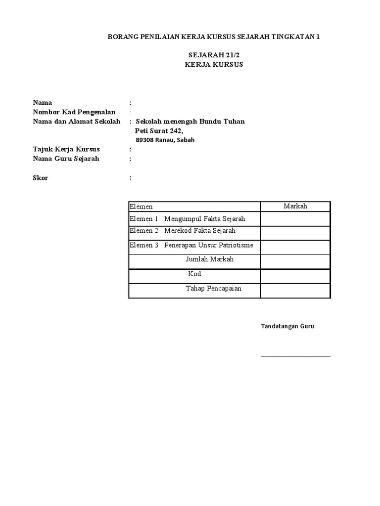 Borang Pemarkahan Folio Sejarah Pdf